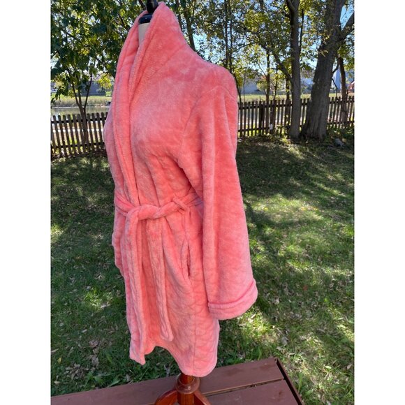 Womens Coral Pink Plush Fleece Bathrobe With Belt & Pockets By Just Love M - Picture 3 of 9